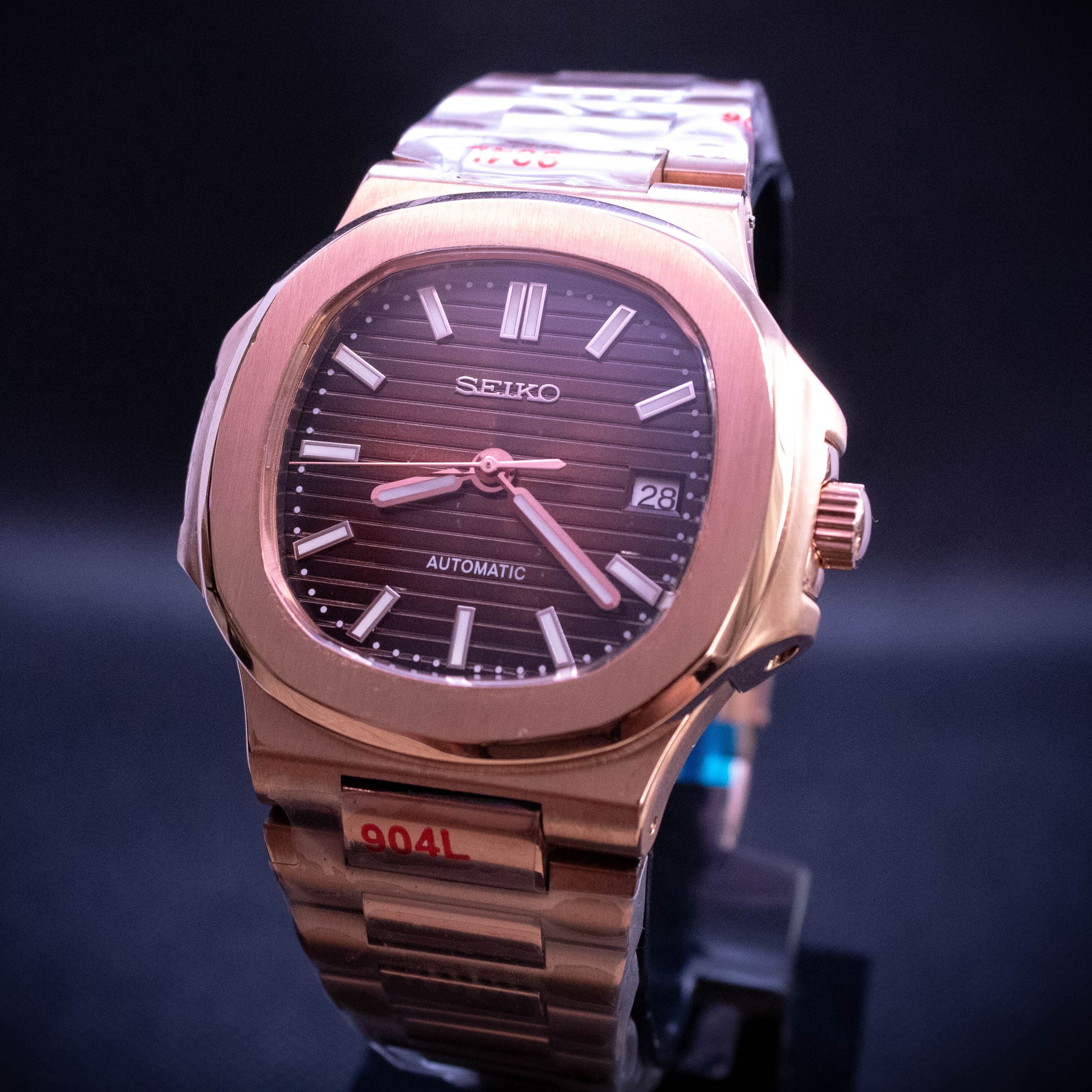 Rose gold Seiko Nautilus with brown dial